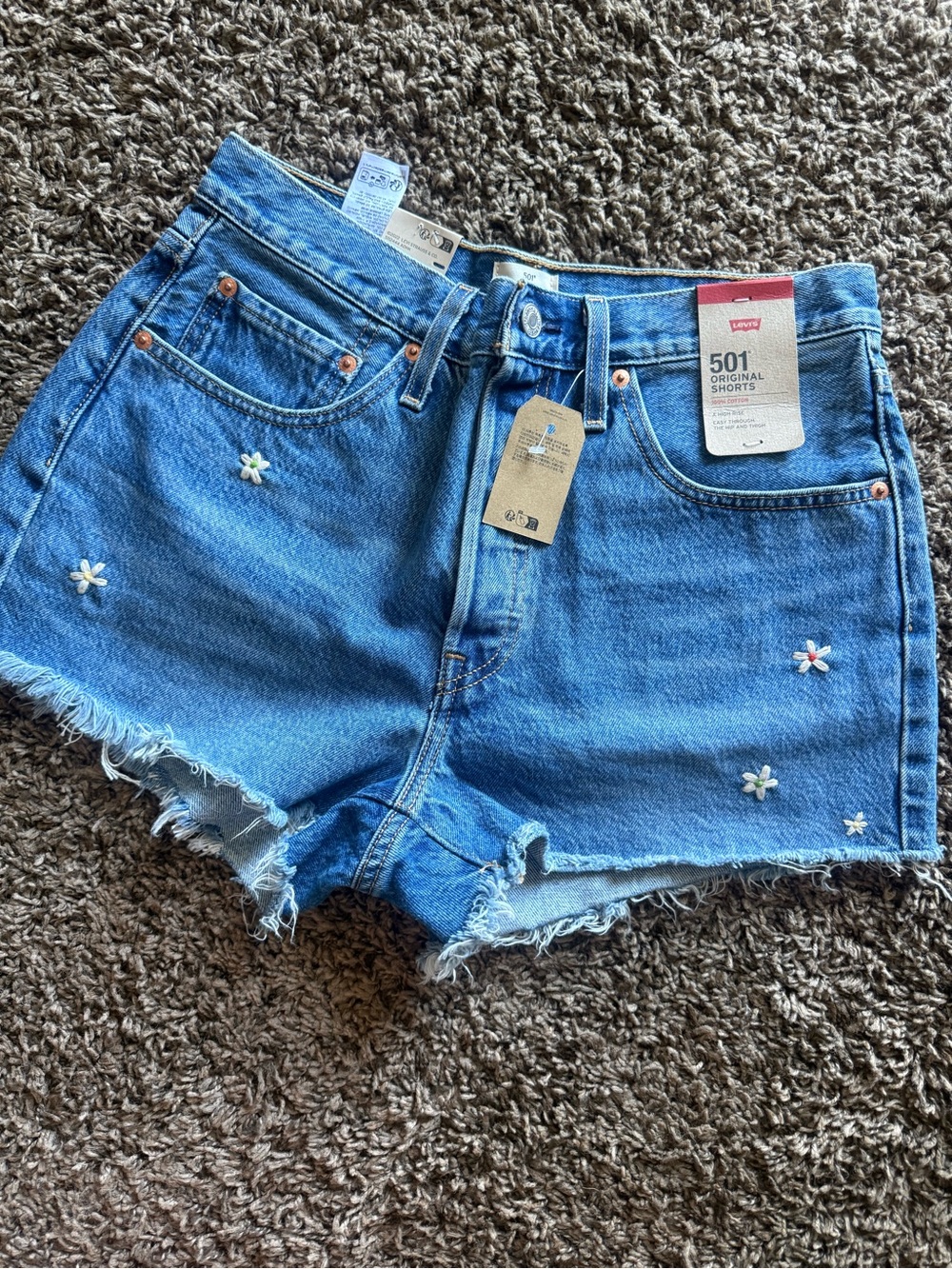 Levi's Blue Denim 501 Daisy Embroidered Jean Shorts
